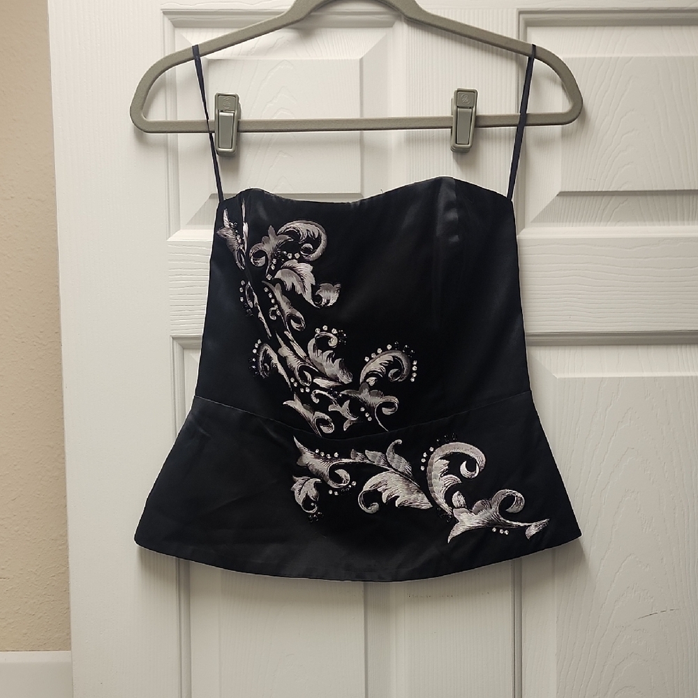 White House Black Market Black Peplum Corset Top with Silver Embroidery